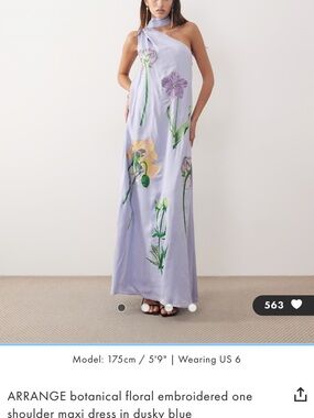 ARRANGE botanical floral embroidered one shoulder maxi dress in dusky blue